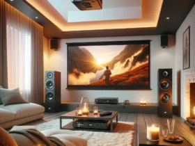 The image on the right depicts a warm and inviting living room within a home, designed to enhance the cinematic experience. A ceiling-mounted projector casts a vivid movie scene onto a white wall. On either side of this projection, high-quality 'Projector Speakers' are placed to amplify the audio experience. The room is tastefully decorated, with comfortable seating arrangements facing the projection, creating an ideal setting for movie watching.