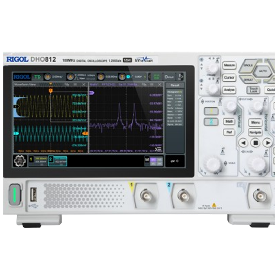 The Rigol DH0802 displayed as the oscilloscope, with emphasis on its precision and easy-to-use controls.