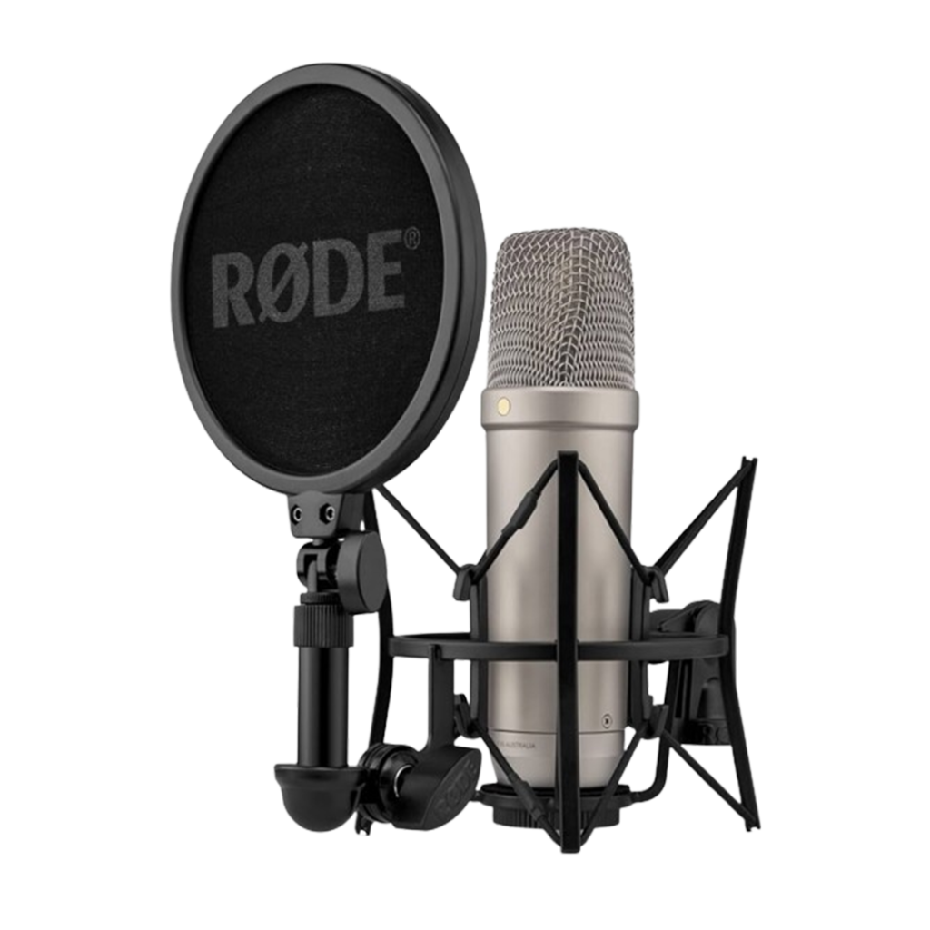 The Rode NT1 best microphone setup complete with a pop filter and shock mount for a home studio setup aimed at crystal-clear vocal reproduction.