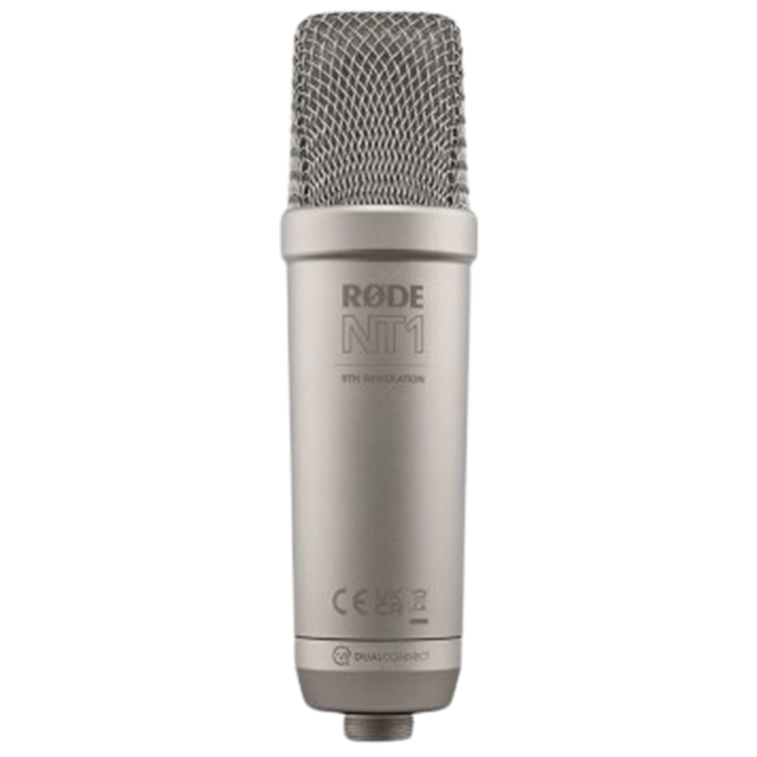 The Rode NT1, known as the mic for vocal recording, delivers detailed and warm audio performance with its sleek silver design.