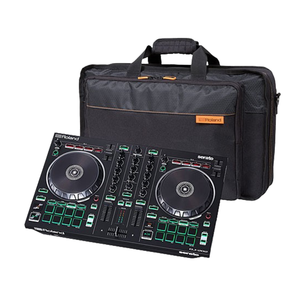 Roland DJ-202 shown with a carrying case, the DJ controller for DJs on the move.