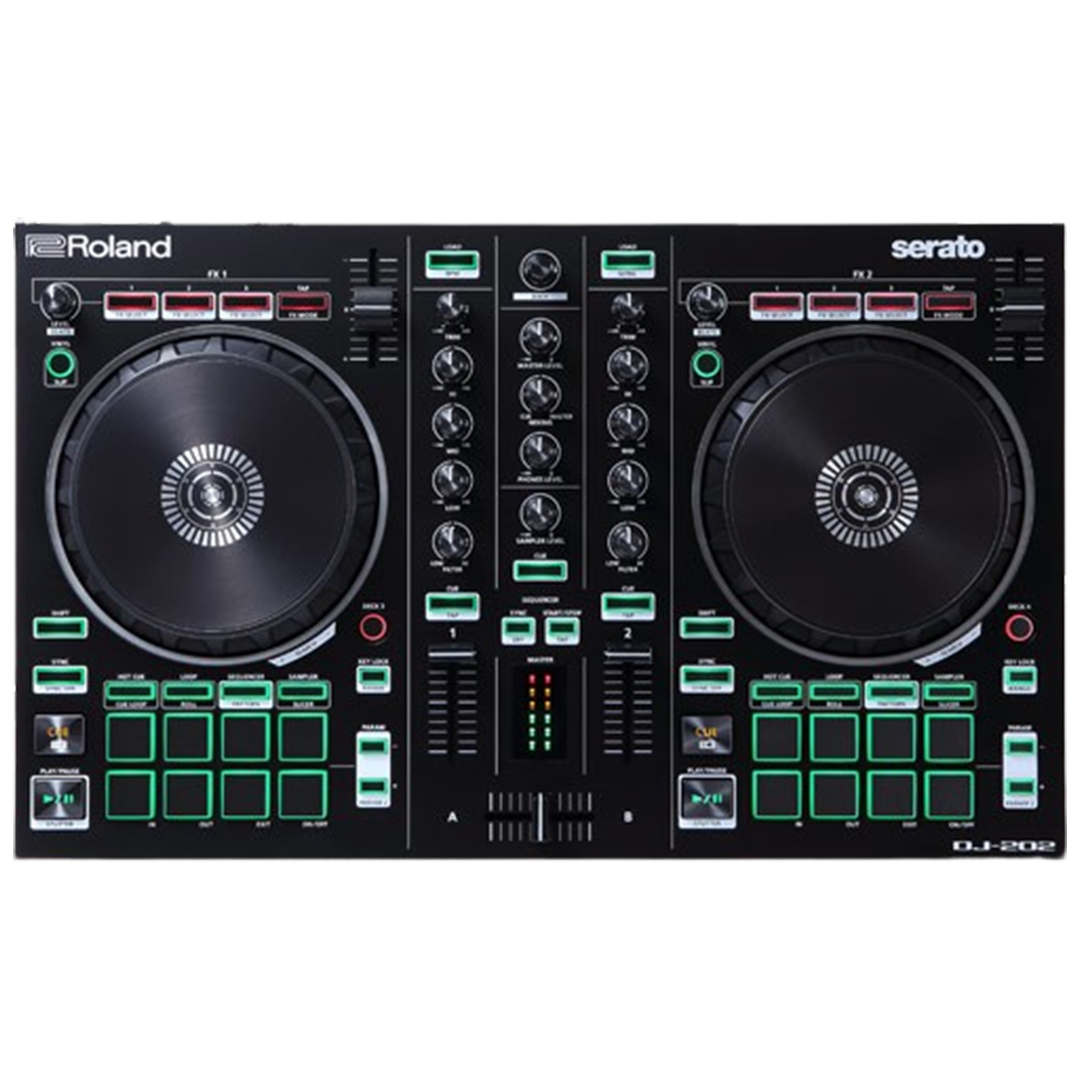 Front view of the Roland DJ-202, a compact and portable DJ controller, ready to take on any gig.
