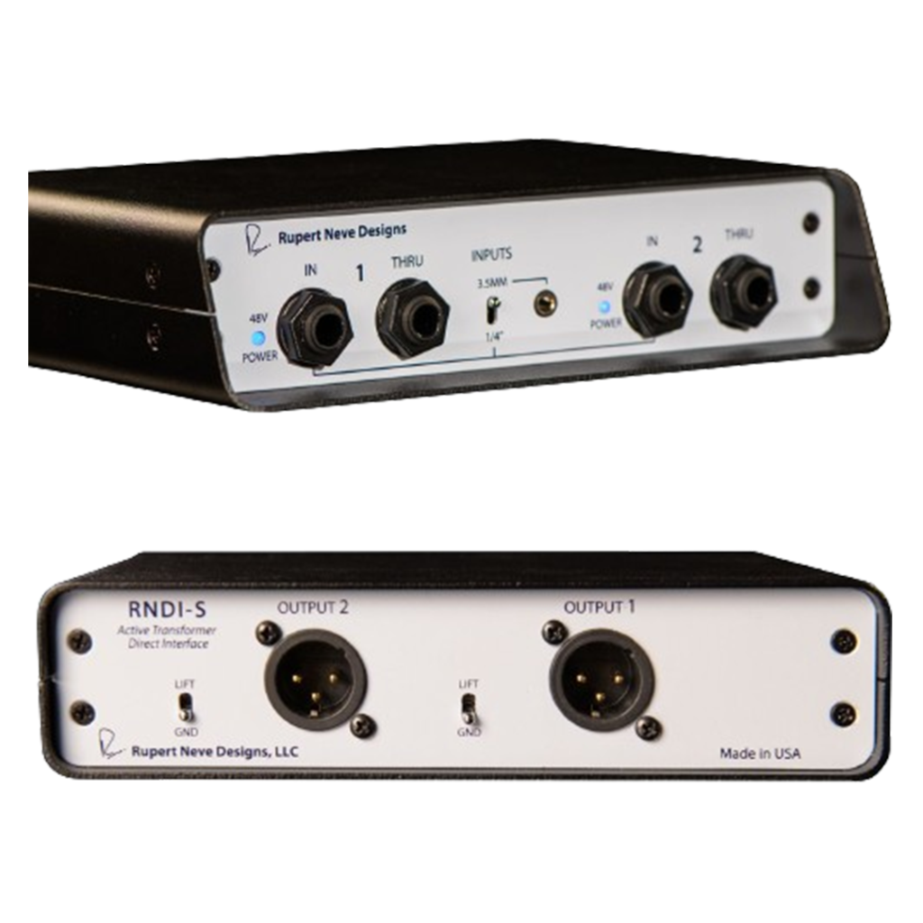 Full view of Rupert Neve Designs RNDI-S, illustrating its compact size and premium connectors, a top DI box choice for bassists.