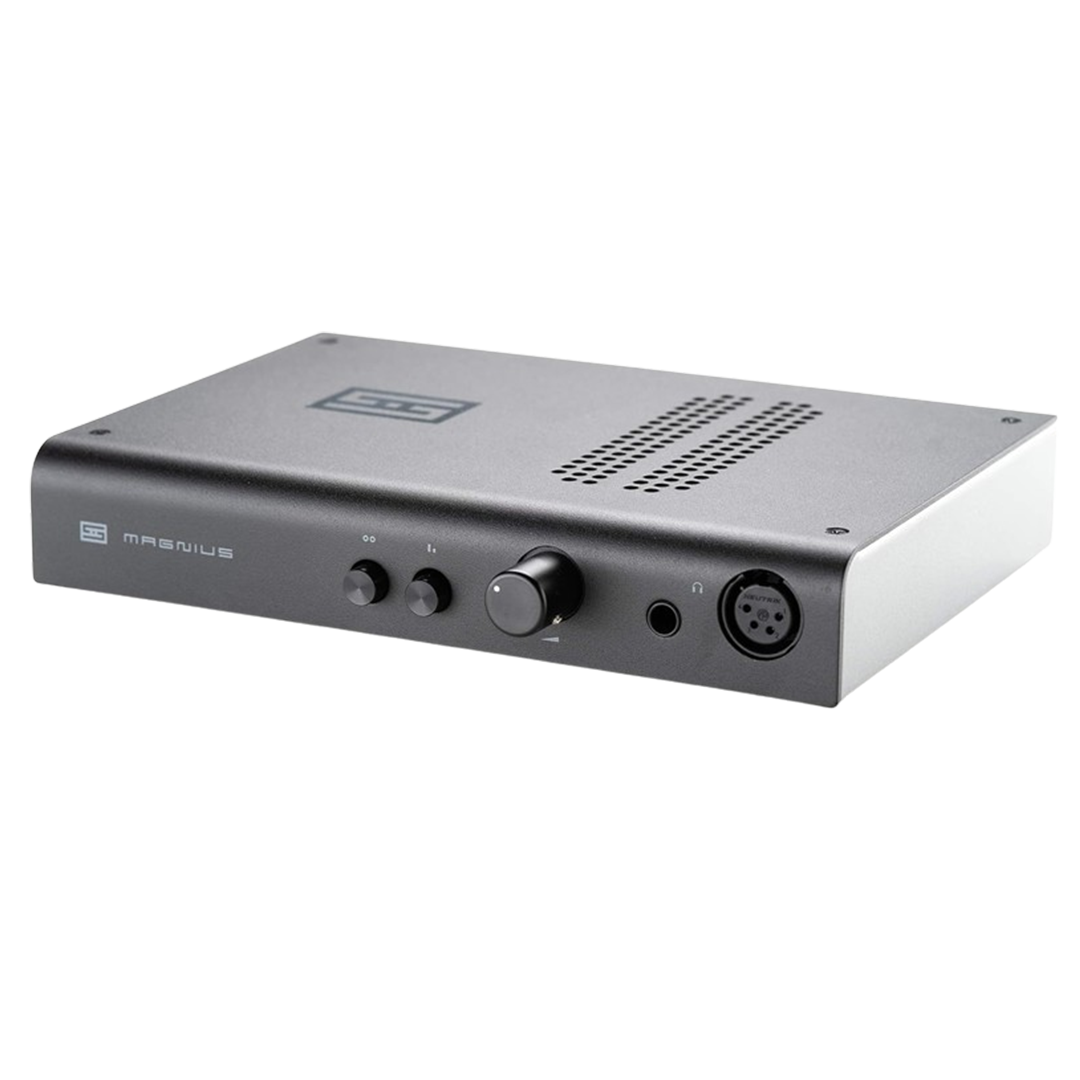 The Schiit Magnius, a contender for headphone amplifier, showcasing its precise volume control and balanced inputs for a high-fidelity audio experience.