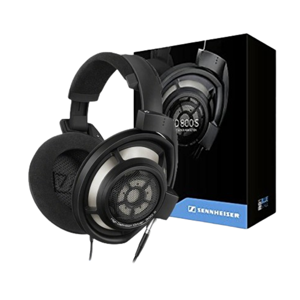The Sennheiser HD 800 S headphones are shown, offering an unrivaled auditory experience for critical sound mixing tasks.