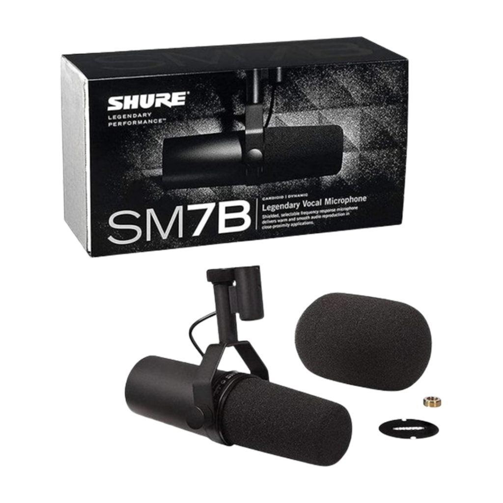 The Shure SM7B best microphone pack displayed with its windscreen and mount, a top pick for podcasters and vocalists seeking professional home recordings.