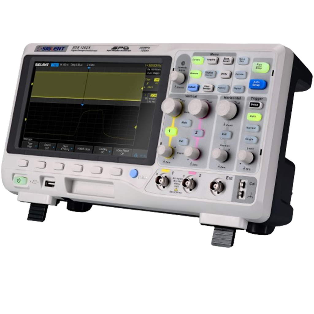 Siglent Technologies SDS1202X-E oscilloscope displayed with two channels and easy navigation, perfect for beginners.