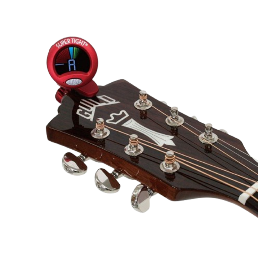 The Snark ST-2 Super Tight Clip-On Tuner attached to a guitar headstock, highlighting its bright display and tight grip, a practical choice for the best clip-on guitar tuner on the market.