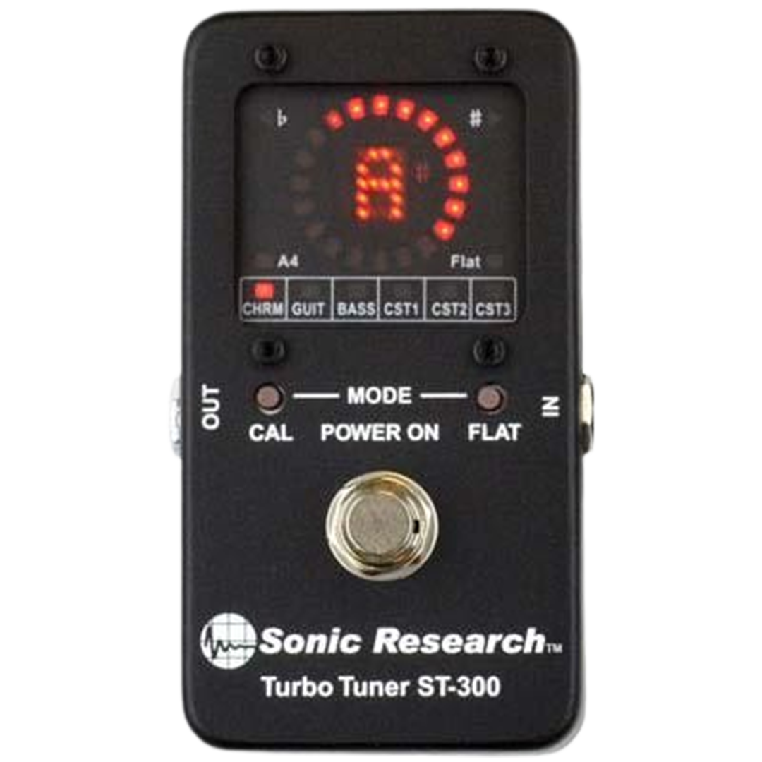 Detailed view of the Sonic Research Turbo Tuner ST-300's display, praised by musicians as one of the best guitar tuner pedals for its accurate strobe tuning.
