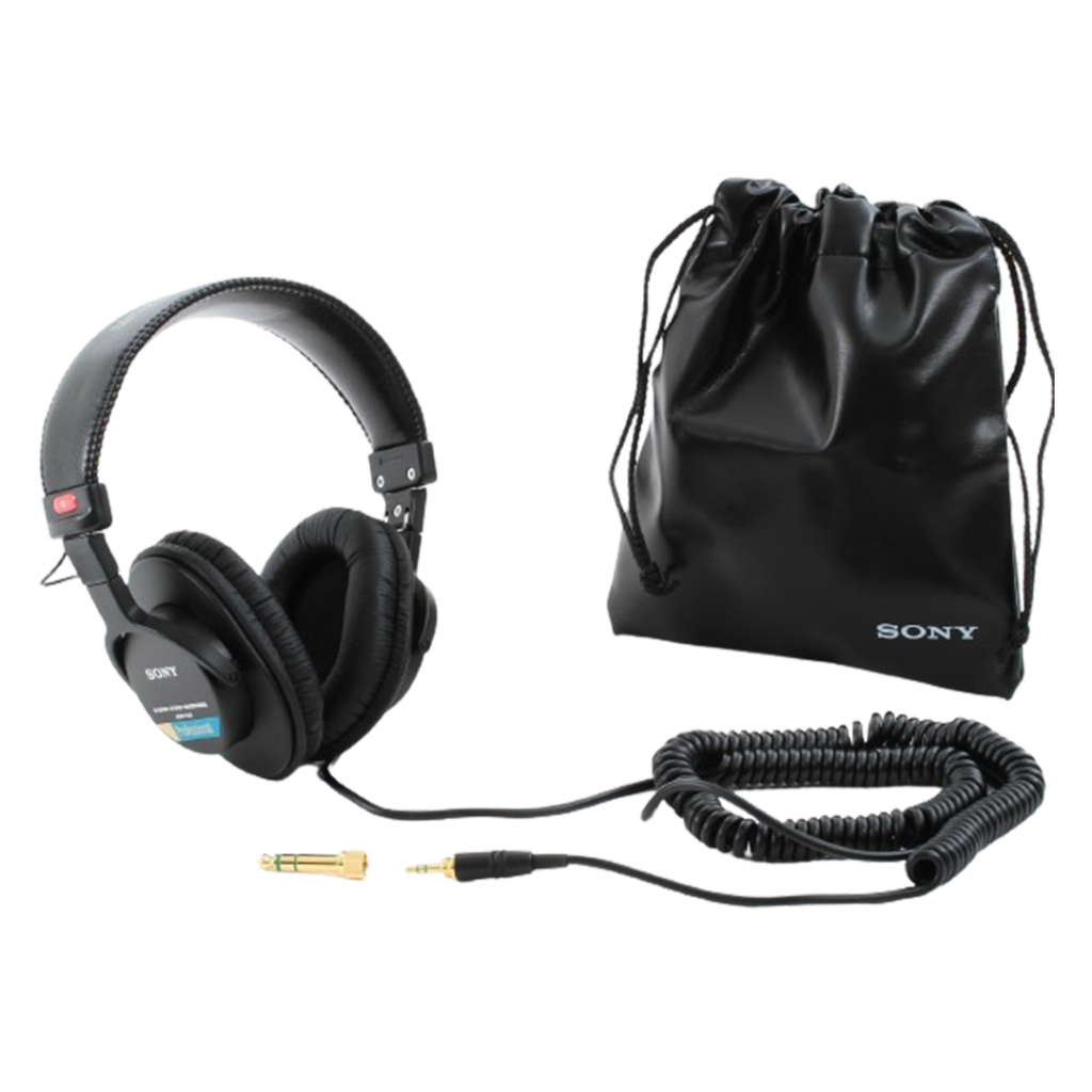 Sony MDR-7506, one of the best headphones for sound mixing, paired with a convenient carrying bag for producers on the go.