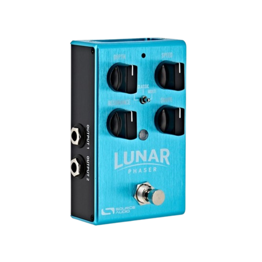 The Source Audio Lunar Phaser, in striking blue, delivers multiple phasing modes, earning its reputation as one of the phaser pedals for creative guitarists.