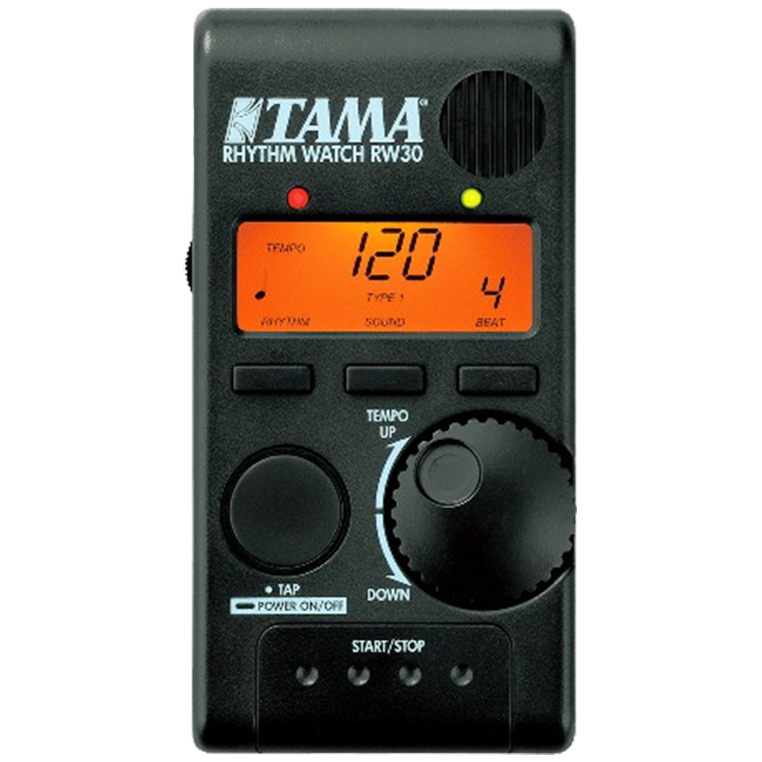 The Tama Rhythm Watch RW30 metronome displayed as an essential tool for drummers, providing the best metronome experience with customizable beats and rhythms.
