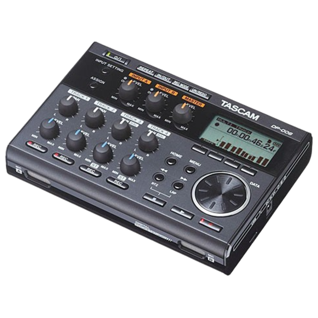 Compact Tascam DP-006 portable multitrack recorder, perfect for on-the-go recording sessions and considered among the best in its class.