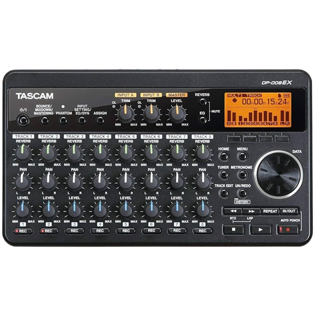 Detailed view of the Tascam DP-008EX controls, demonstrating why it's acclaimed as a multitrack recorder for its usability and functionality.