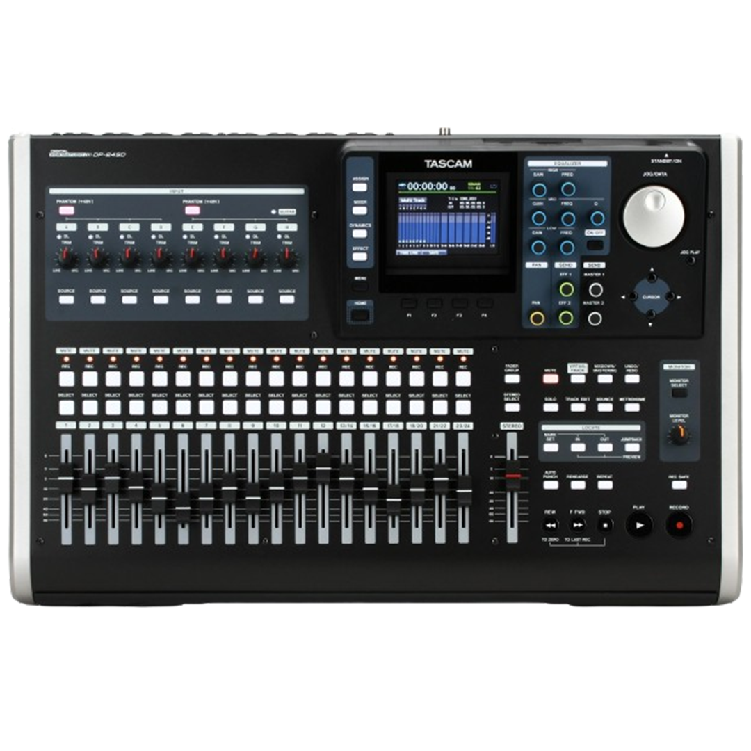 The Tascam DP-24SD's mixer interface shown with clear controls, emphasizing its reputation as a multitrack recorder with comprehensive features.