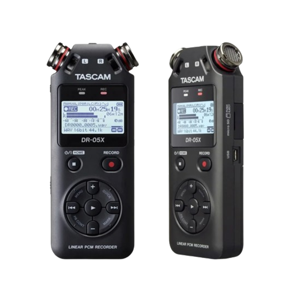 The Tascam DR-05X portable recorder displayed in two angles, showcasing its compact design and built-in microphones, ideal for high-quality field recordings.