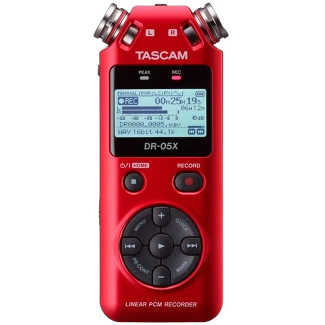 The Tascam DR-05X in red, highlighting its vibrant color option and user-friendly interface, making it a favorite among field recording enthusiasts.