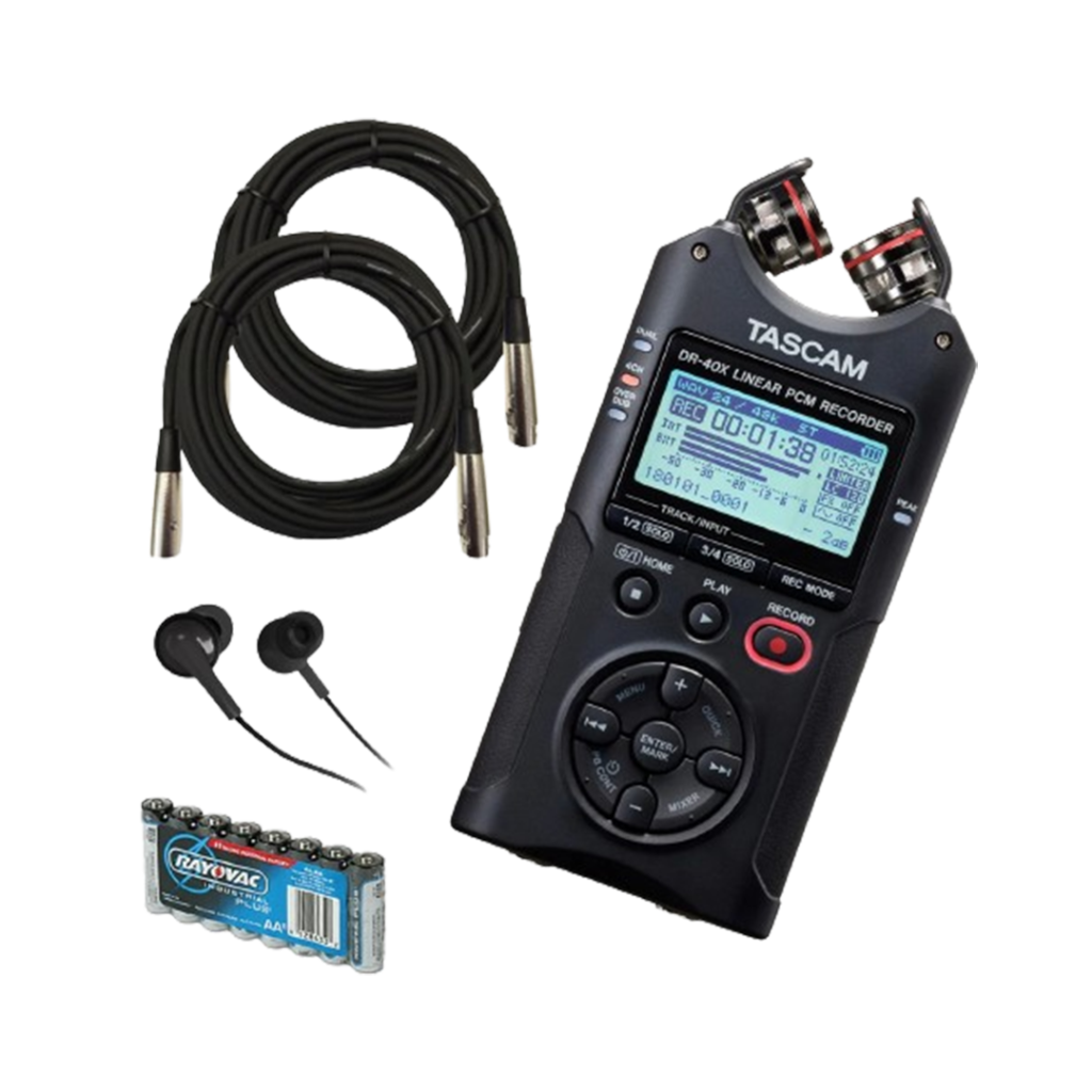 The Tascam DR-40X shown with accessories, including cables and a battery, illustrating its ready-to-record package for field professionals.