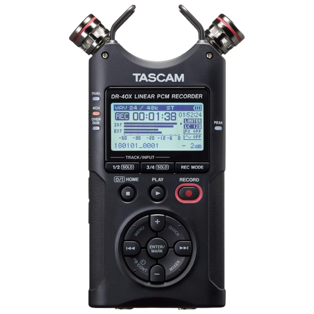 The Tascam DR-40X in a solo shot, emphasizing its robust build and advanced features for capturing superior field audio.