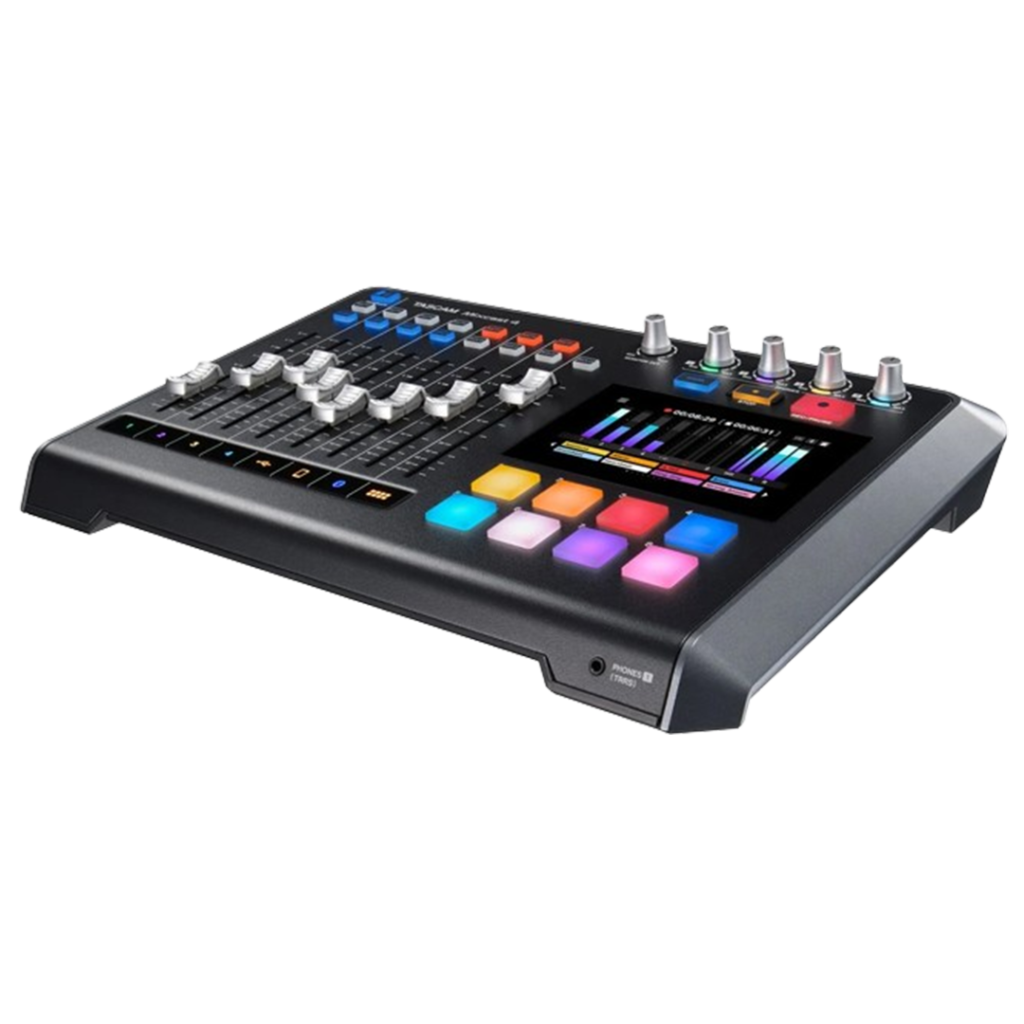 A close-up view of the TASCAM Mixcast 4 mixer's intuitive interface, with vibrant touch pads and dials, ideal for those seeking the mixers for multimedia production.