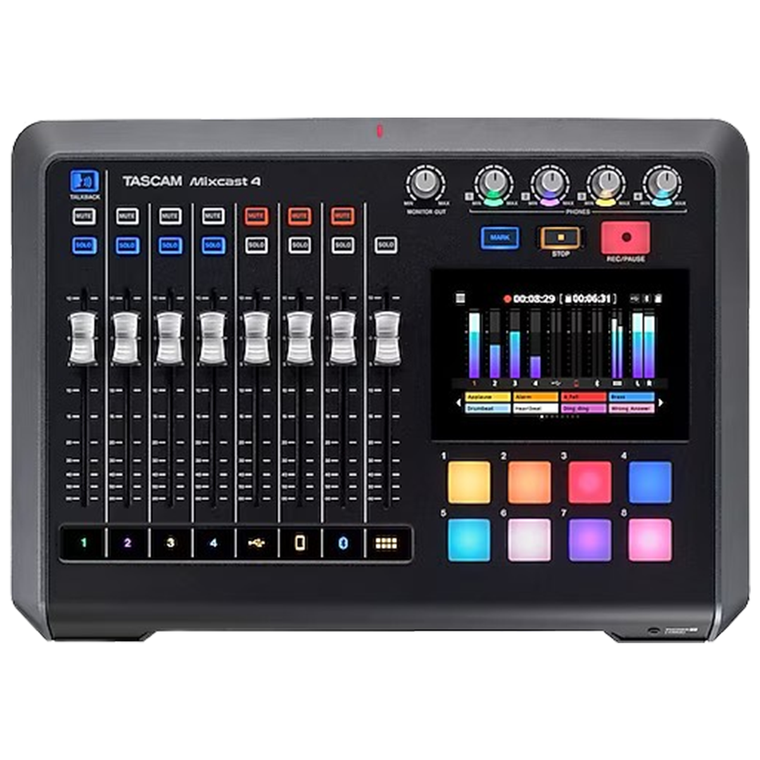 The TASCAM Mixcast 4, shown from the top, integrates touch controls and sliders, positioning itself as one of the mixers for podcasters and multimedia creators.
