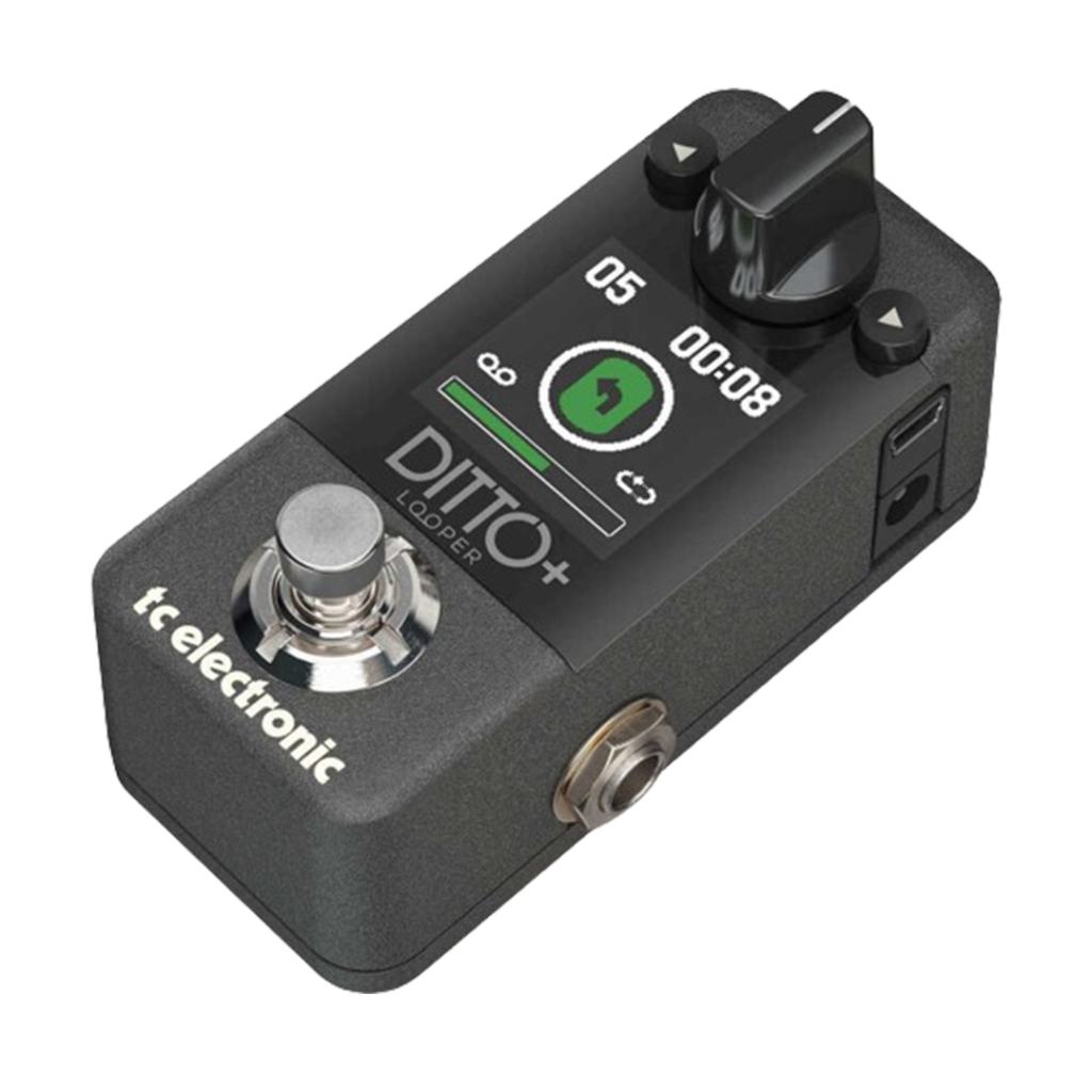 The TC Electronic Ditto Looper+ looping pedal, featuring an LED display, multiple controls for loop management, and a sleek black finish.