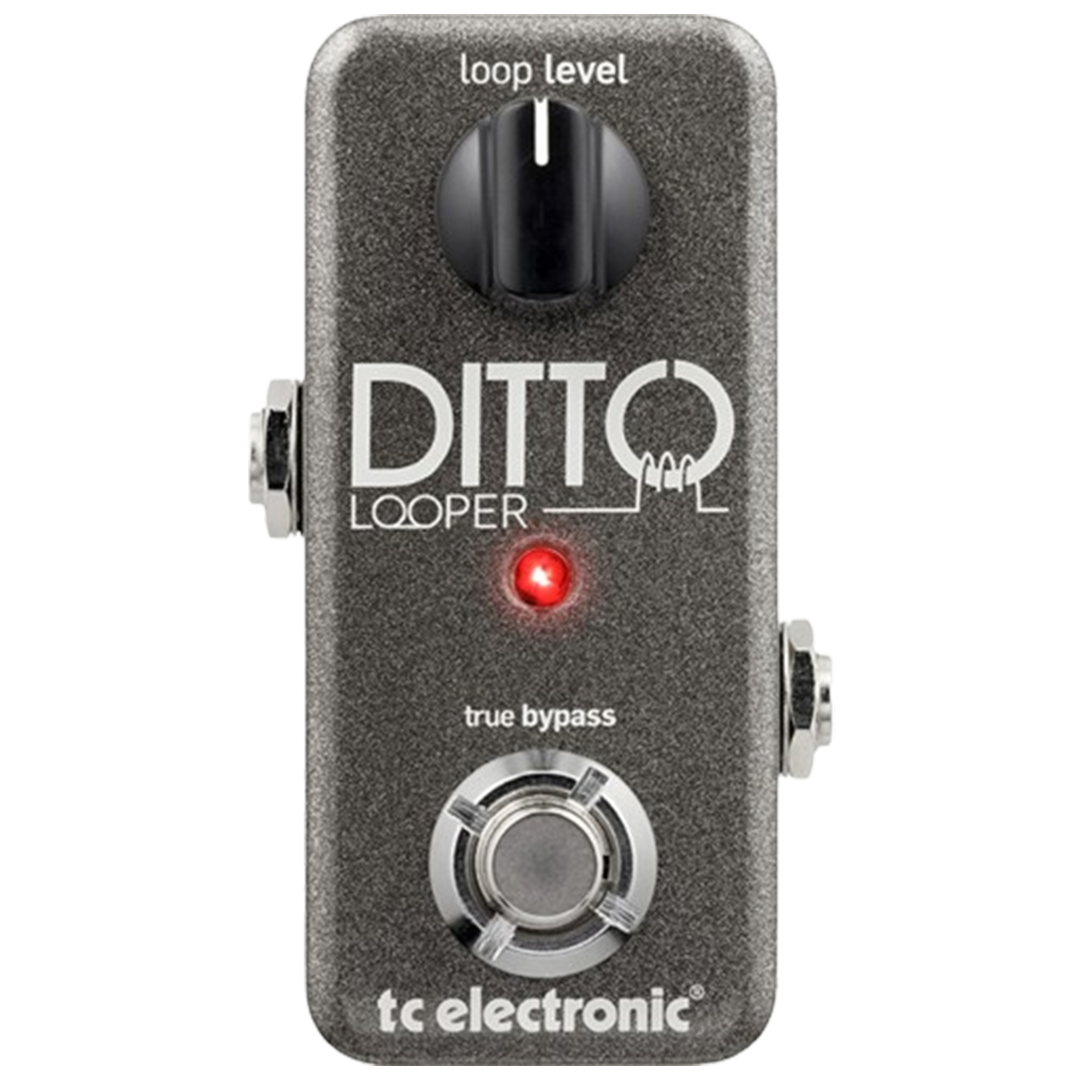 The TC Electronic Ditto Looper looping pedal showcases its compact design with a single loop level knob, true bypass, and LED indicator, perfect for straightforward looping.