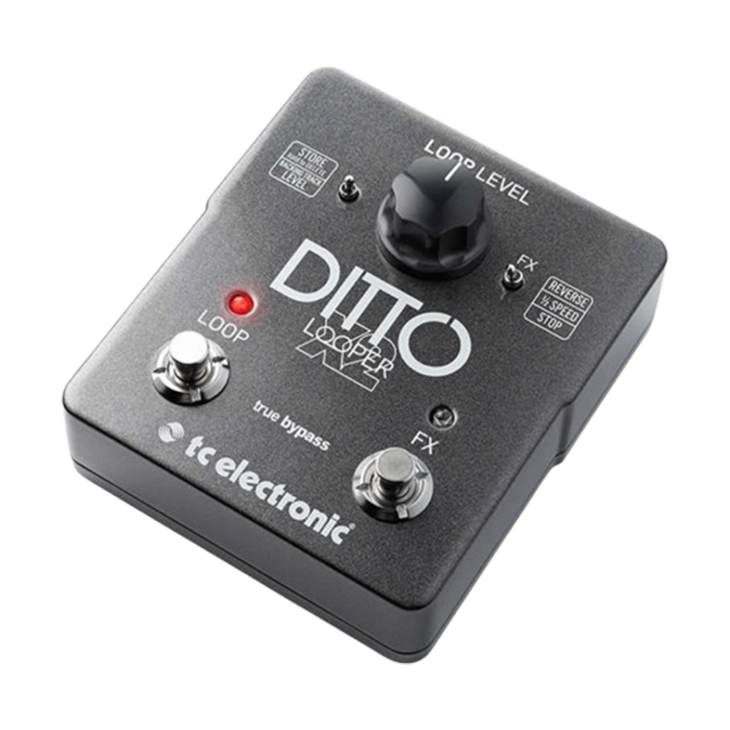 The TC Electronic Ditto X2 Looper looping pedal at an angle, displaying its loop level control and FX functionalities for dynamic performance.