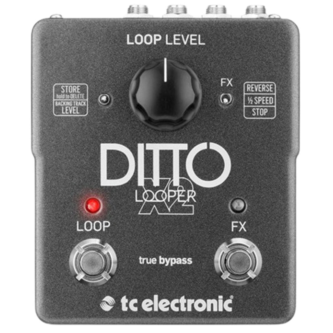 The TC Electronic Ditto X2 Looper looping pedal with FX options, reverse and half-speed effects, and a dedicated stop button for innovative sound manipulation.