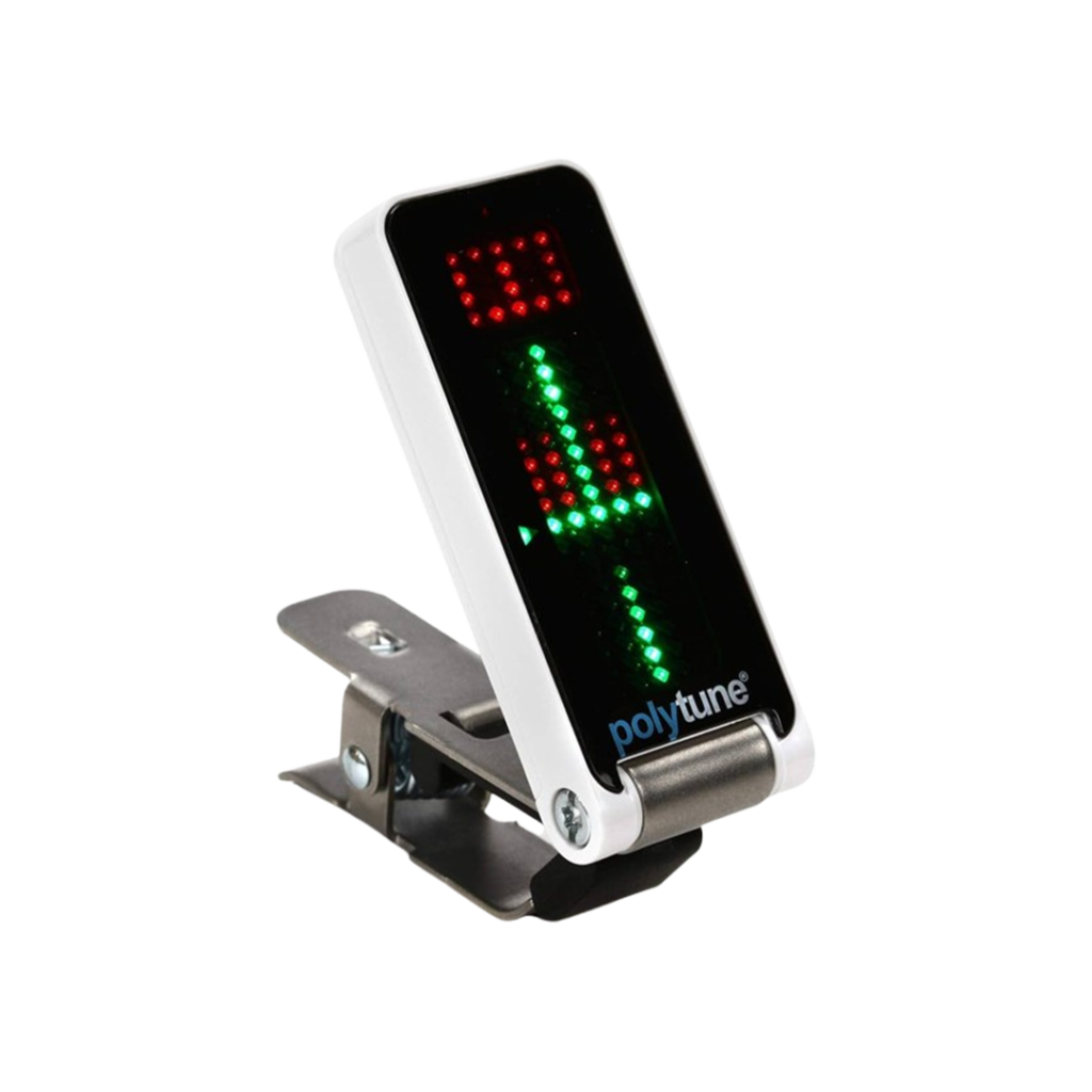 The TC Electronic Polytune Clip-On Tuner is displayed, boasting a sleek design and polyphonic tuning capabilities, making it a top contender for the best clip-on guitar tuner.