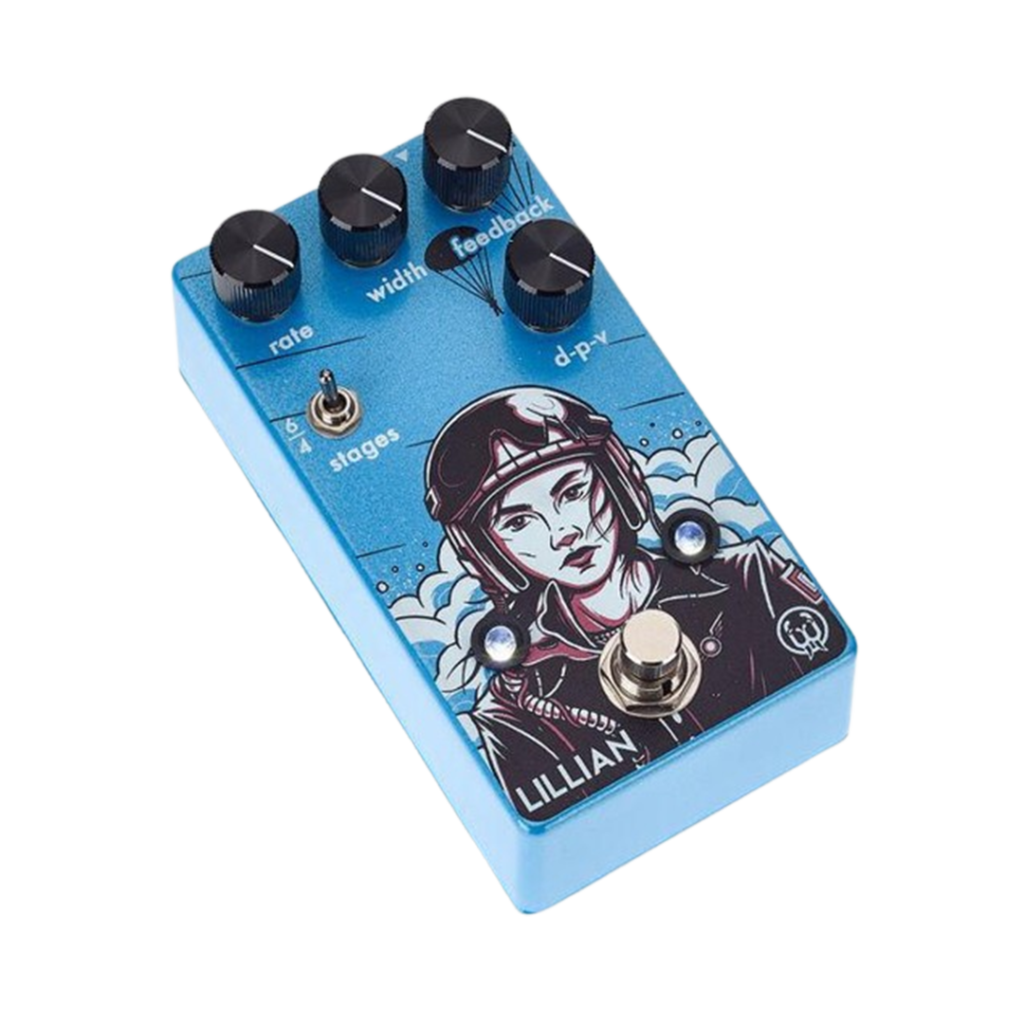The Walrus Audio Lillian pedal presents a vivid blue hue and a unique pilot-themed artwork, offering multiple stage phasing for those in pursuit of the phaser pedal.