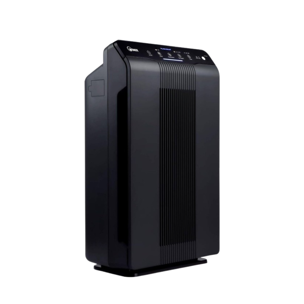 Highlighting its effective germ purification, the Winix 5500-2 air purifier, shown in black, combines aesthetic appeal with powerful filtration, ideal for maintaining a germ-free home environment.
