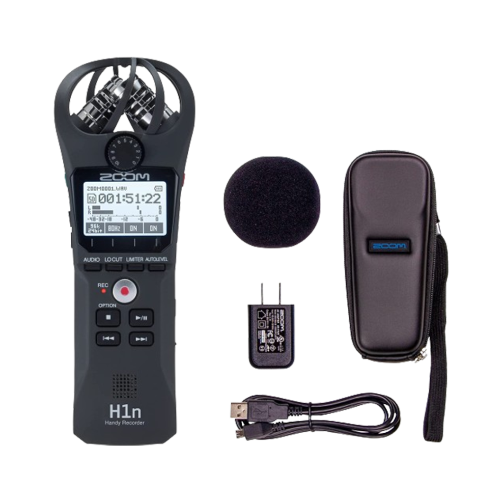 The Zoom H1n recorder displayed with its accessories, demonstrating its portability and ease of use for field recording on the move.
