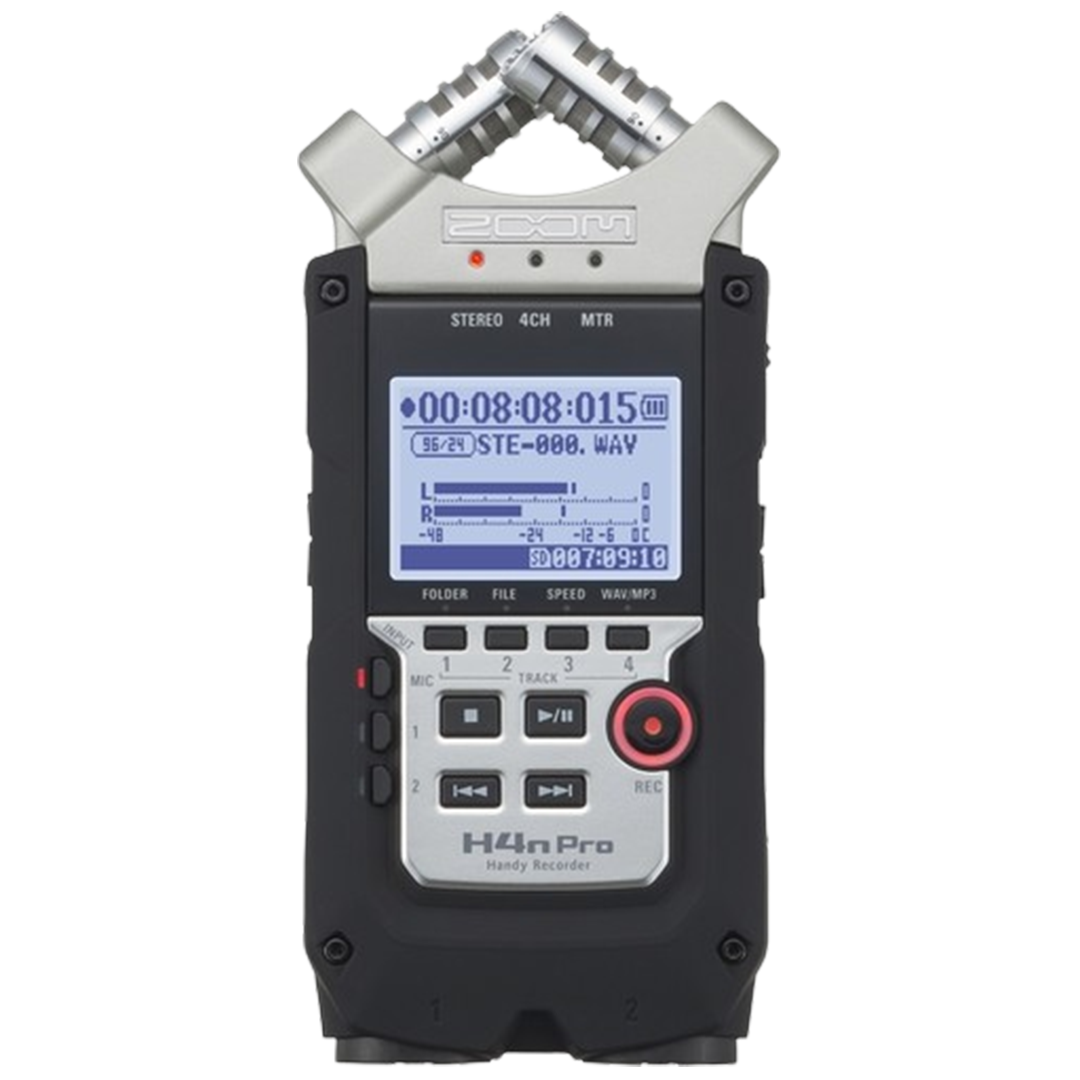 The Zoom H4n Pro recorder alone, accentuating its dual XLR inputs and superior audio resolution for the best field recording experience.