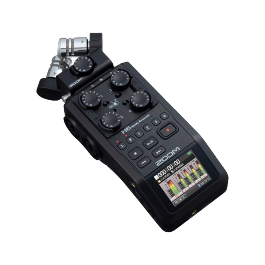 The Zoom H6 displayed with its interchangeable mic capsules, reflecting its flexibility and unmatched quality for field recording tasks.