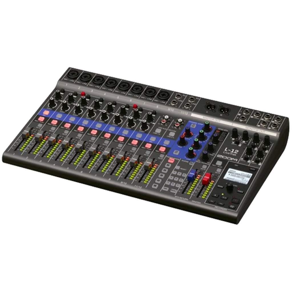 Zoom LiveTrak L-12, an all-in-one solution and multitrack recorder for live mixing, recording, and performing.