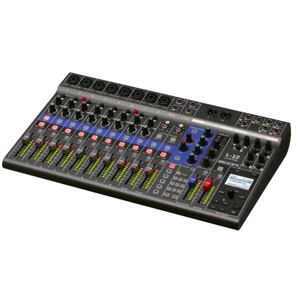 This image features the Zoom LiveTrak L-12 mixer, emphasizing its comprehensive control layout and recording capabilities as one of the mixers available.