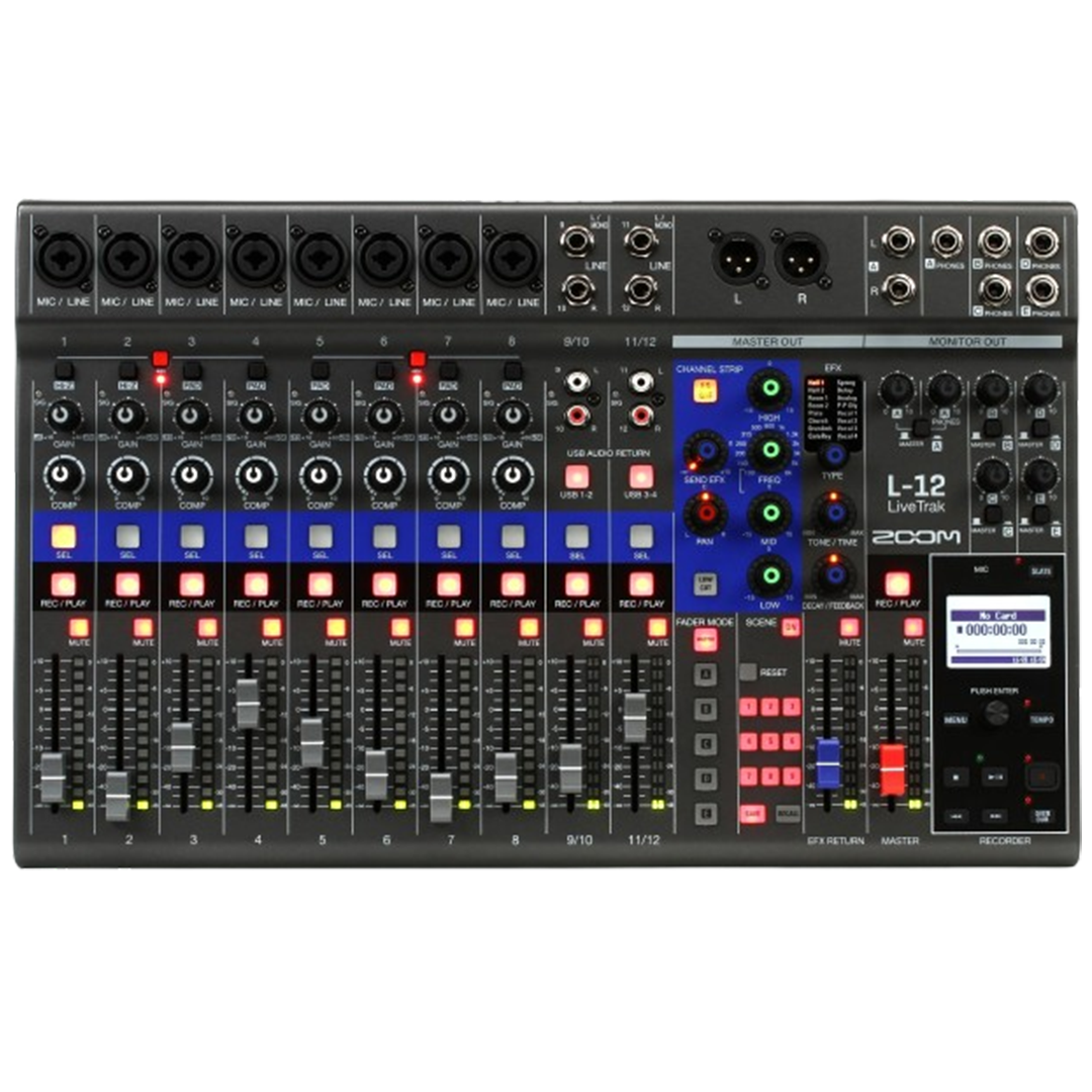 The Zoom LiveTrak L-12 mixer, presented from a bird's-eye view, combines mixing, recording, and monitoring, making it a top choice for mixers.