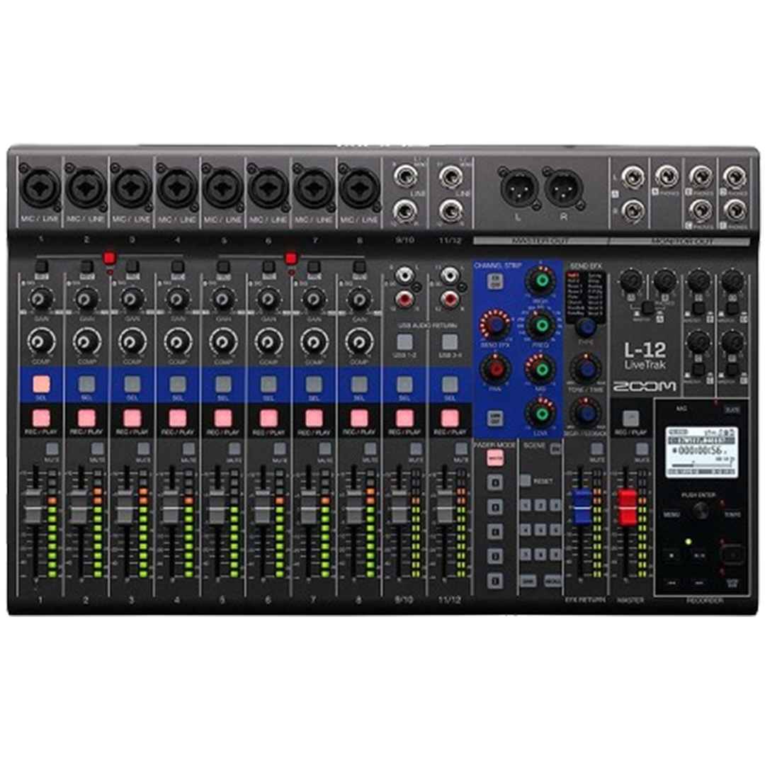 Top view of the Zoom LiveTrak L-12 mixing console, a multifaceted multitrack recorder for dynamic audio production.