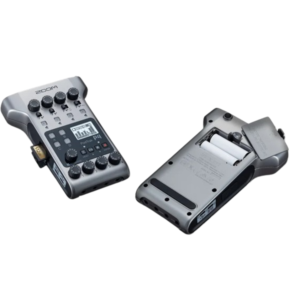 Zoom PodTrak P4, an innovative multitrack recorder, shown from different angles to highlight its portability and ease of use.