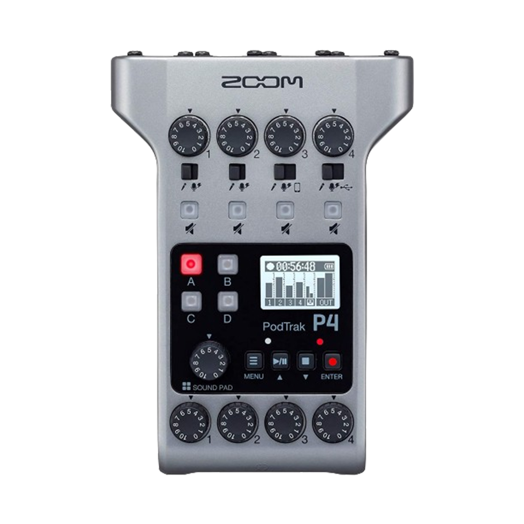 The interface of the Zoom PodTrak P4, prominently featuring its straightforward control layout as a multitrack recorder for podcasting.