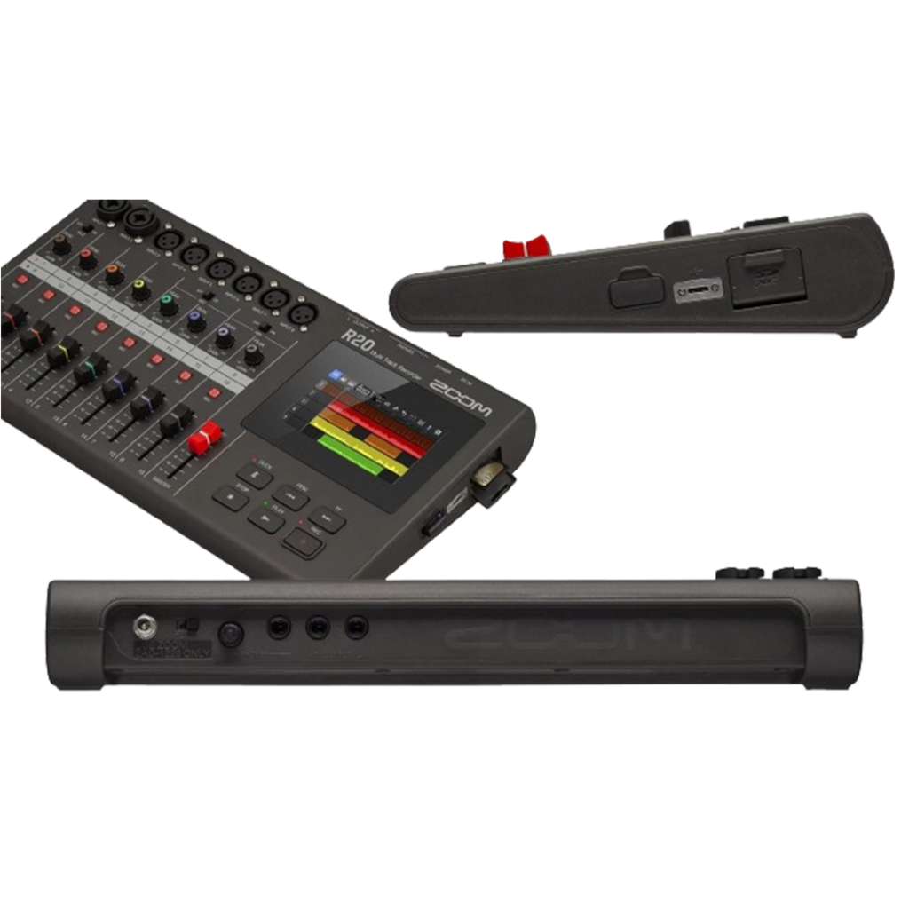 Side and top views of the Zoom R20, showcasing its sleek design as a multitrack recorder with versatile functionality for creators.