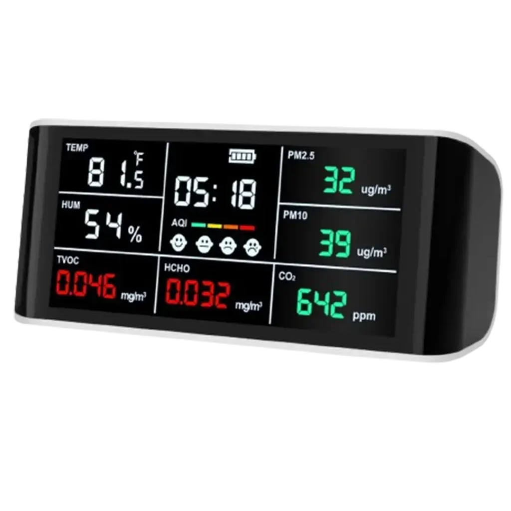 Digital display of AirKnight 9-in-1, one of the best indoor air quality monitors for mold, showing temperature, humidity, and various pollutant levels.