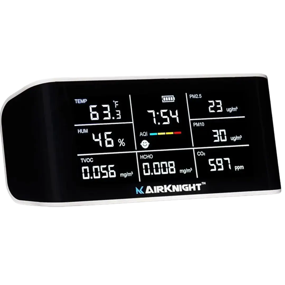 Close-up of the AirKnight 9-in-1 indoor air quality monitor's screen, featuring detailed readouts, essential for identifying mold and ensuring good air quality.