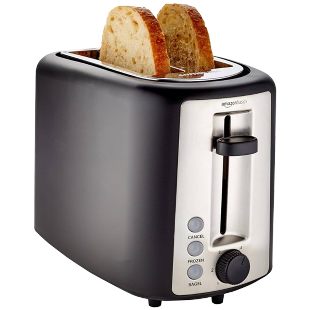 The AmazonBasics 2-Slice Toaster is showcased with bread slices, highlighting its best toaster functionality for a perfect golden-brown toast every time.