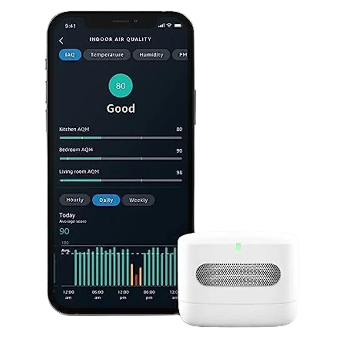 Amazon Smart Air Quality Monitor paired with a smartphone app, showing a clean and user-friendly interface for tracking mold and air quality.