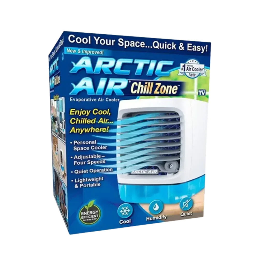 The best affordable portable air conditioner, Arctic Air Chill Zone, is a compact blue and white device, ideal for personal space cooling.