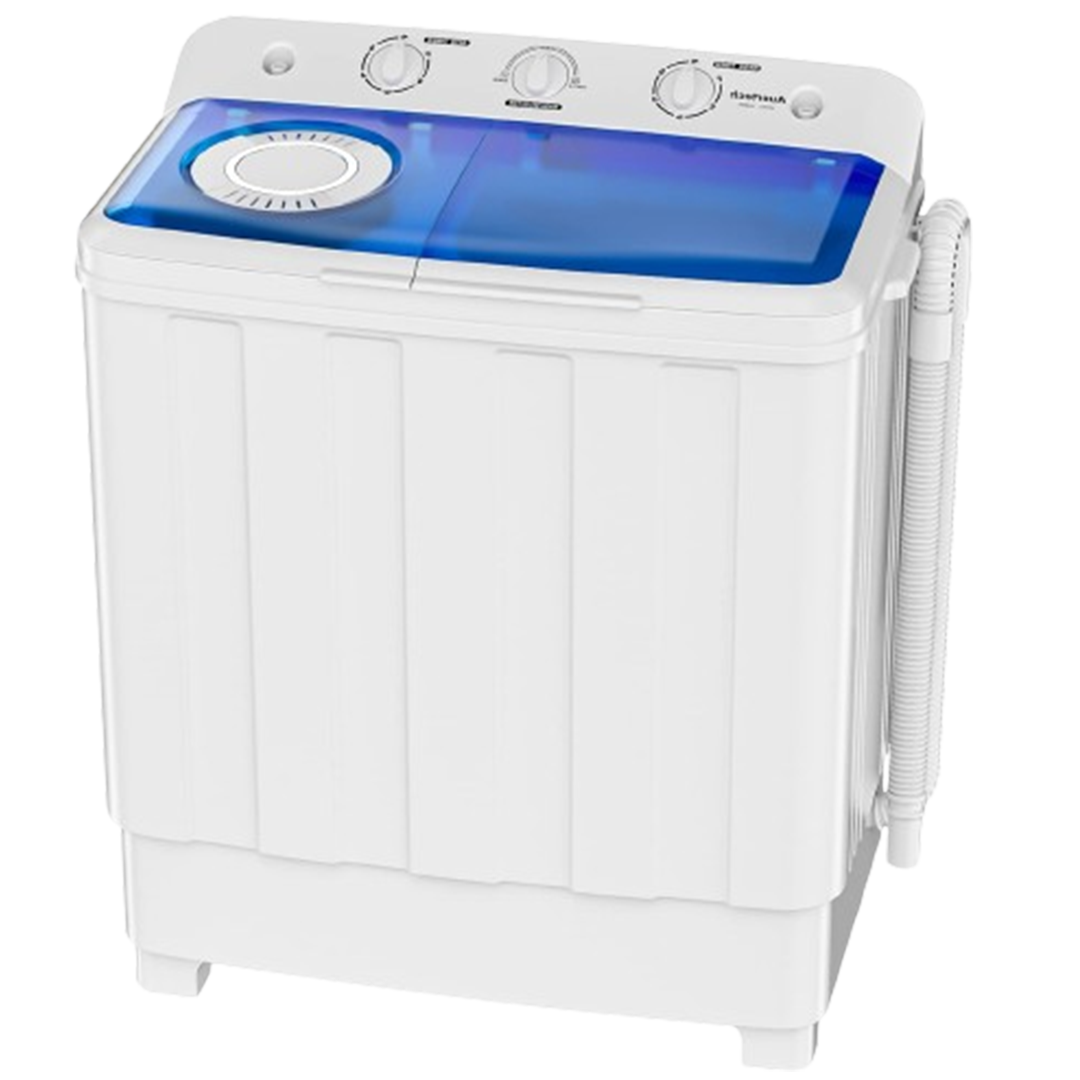 The AuerTech Portable Washing Machine, known for its compact design and efficiency, is perfect for washing comforters and large items, ensuring a comfortable laundry experience.