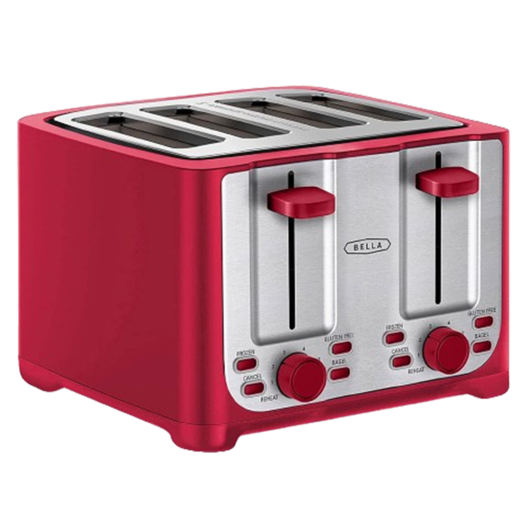 The Bella 4-Slice Toaster in vibrant red is an ideal choice for larger households, offering the best affordable toaster option for busy mornings.