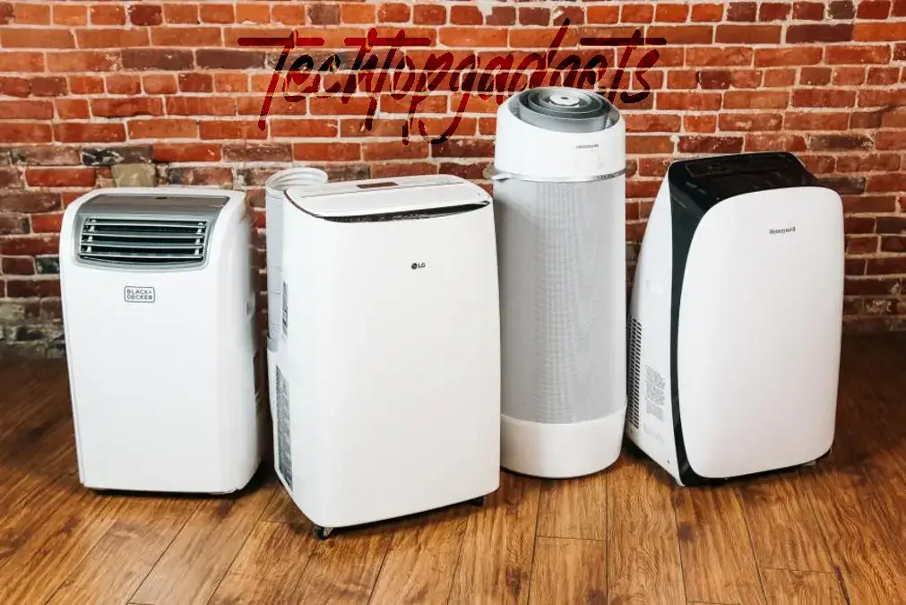 This image features a collection of the best affordable portable air conditioners with various designs, from traditional white to modern silver, suitable for any home or office setting against a rustic brick wall background.